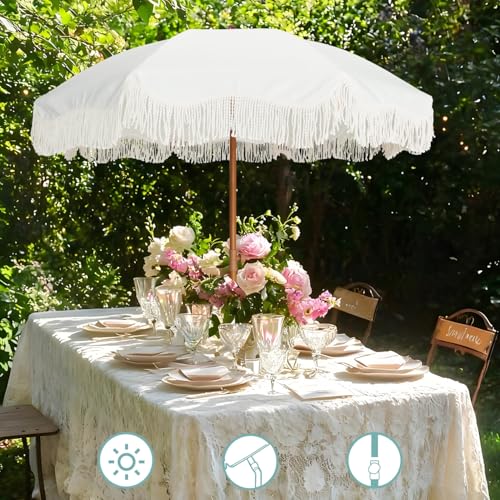 AMMSUN Boho Fringe Umbrella Outdoor Patio, 6.5ft UPF50+ Picnic Umbrella with Tassels with Steel Pole and Push Button Tilt, Antique White