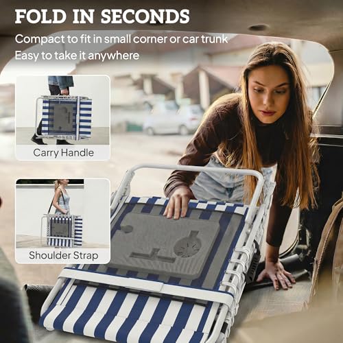 Outsunny Tanning Chair with Face Hole, Side Table, 5-Position Reclining Folding Chaise Lounge Chair Outdoor Lounger Recliner, Carry Straps for Beach Pool Camp, Oxford Fabric, Blue and White