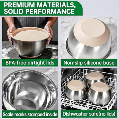 Deedro Premium Mixing Bowls with Airtight Lids Set, 22Pcs Thicker Stainless Steel Mixing Bowl Set, Large Prep Metal Bowls, Non-Slip Silicone Base Nesting Bowls for Kitchen, 1.5/2/3/4/5 QT, Khaki