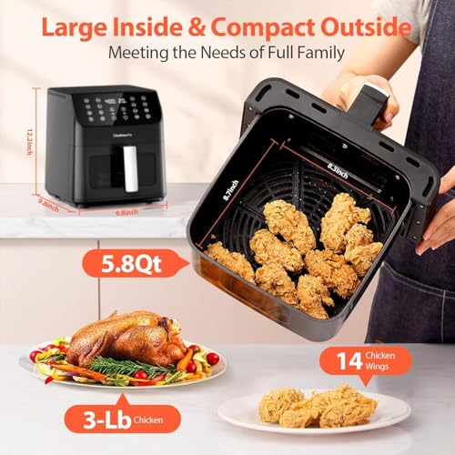 Beelicious Large AirFryer, 12-in-1 Digital Airfryer with Window, Dishwasher Safe, 5.8Qt, 40+ Recipes, Flavor-Lock Tech, Shake Reminder, Compact, Quiet, Nonstick Air Fryers. Black