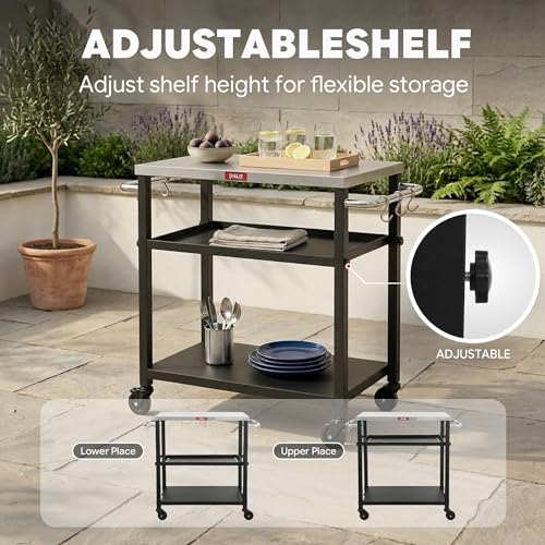 Feasto 3-Tier Outdoor Grill Cart, Rolling Pizza Oven Table with Compact 26.6" x 16.1" Stainless Top for Pizza Ovens & Griddles, Outdoor Bar Cart with S-Hooks for Patio Parties, Deck Dining & Camping