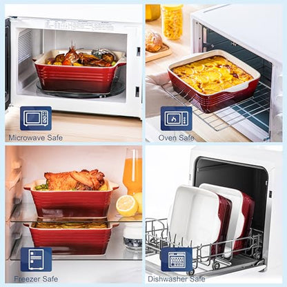 LOVECASA 8x8 inch Baking Pan, 2 Quart Square Cake Pan Baking Dish for Oven, Stoneware Brownie Pan Non-Stick, Casserole Baking Pan with Handle,Ceramic Bread Pans for Baking, Red