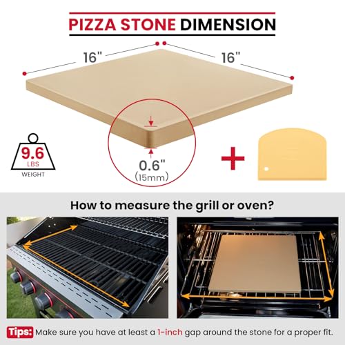Unicook 16" x 16" Square Pizza Stone for Grill and Oven, Large Cordierite Bread Baking Stone for Crispy Crust Pizzas, Bread and Cookies, Includes Dough Scraper