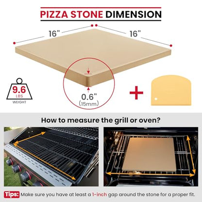 Unicook 16" x 16" Square Pizza Stone for Grill and Oven, Large Cordierite Bread Baking Stone for Crispy Crust Pizzas, Bread and Cookies, Includes Dough Scraper
