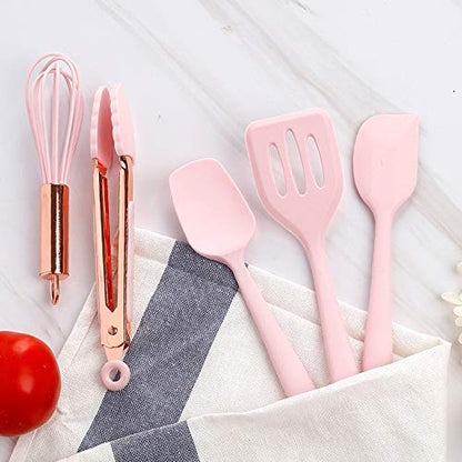 Collfa Rose Gold And Pink Kitchen Utensil Small Five-Piece Set Mini Silicone Kids Kitchen Tools Whisk Spatula Tongs Spoon And Slotted Spatula(Kids Baking Supplies)