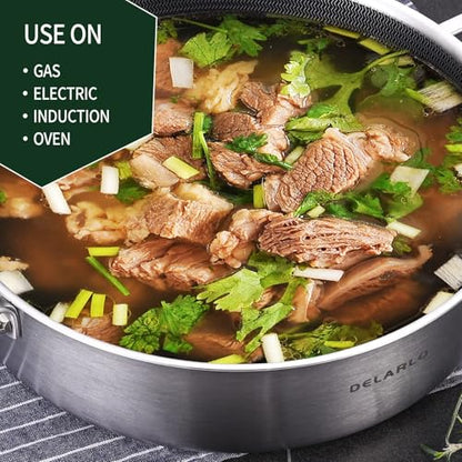 DELARLO Saute Pan 8QT, Frying Pan Nonstick with Lid, Tri-ply Stainless Steel Skillet, Large Braiser Induction, Everyday Pans, Heavy Duty Style, Compatible with All Cooktops Up to 660℉