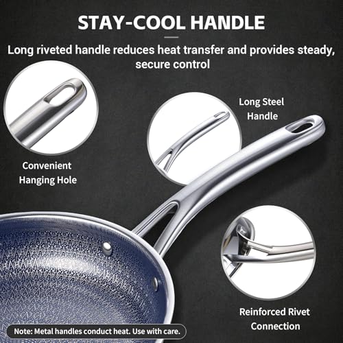 Ammeloo Hybrid Tri-Ply Stainless Steel Frying Pan Set, 8"/9.5"/11" Cooking Pans, Non Stick Frying Pans and Skillets, Chef Pan, Non Toxic, Dishwasher Safe, Induction Compatible, Blue Interior