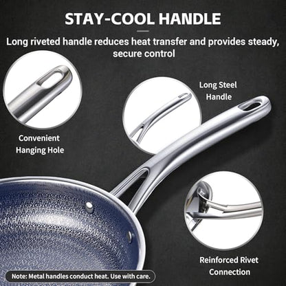 Ammeloo Hybrid Tri-Ply Stainless Steel Frying Pan Set, 8"/9.5"/11" Cooking Pans, Non Stick Frying Pans and Skillets, Chef Pan, Non Toxic, Dishwasher Safe, Induction Compatible, Blue Interior