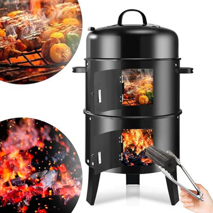 RYHOFOUD T001-2 19-inch BBQ Charcoal Smoker, Heavy Duty Round Smoking-Vertical Multi-Layer Pellet Smoker for Meats-Offset Charcoal Grill with Thermometer, Black