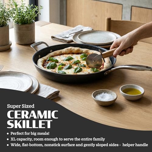 Granitestone Ceraluxe 14 Inch Frying Pan with Lid, Family Sized Large Frying Pan Skillet with Ceramic Nonstick Coating, Non Toxic PFOA Free, Oven and Dishwasher Safe - Black