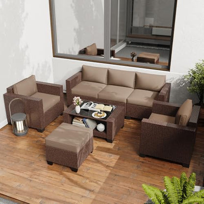 KIGOTY Patio Furniture Set 7 PCS Patio Conversation Sets, All-Weather PE Rattan Outdoor Sectional Sofa with Cushion and 2- Tier Glass Coffee Table（Brown/Camel）