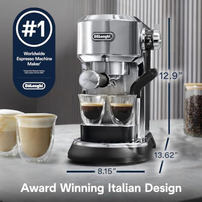 De'Longhi Dedica Maestro Plus Espresso Machine, Automatic Steam Wand, 3 Coffee Temp & Milk Foam Settings, 54oz Removable Tank, Easy-to-Clean Dishwasher-Safe Parts, Compact Stainless Steel Design