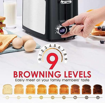 Toaster 2 Slice Wide Slot Toaster Best Rated Prime Display Smart Toasters with LCD Digital Countdown Timer and Bagel/Defrost/Cancel/Reheat Function