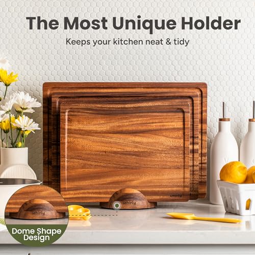 SMIRLY Walnut Cutting Board for Kitchen - Wood Cutting Boards with Handle and Juice Groove for Meal Prep, Serving, Charcuterie - Kitchen Gadgets - Non Toxic Wooden Chopping Board Set of 3 with Holder