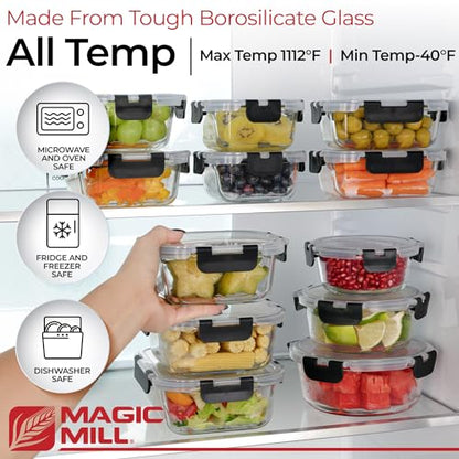 Magic Mill Premium Borosilicate Glass Food Storage Containers with lids Set | 24pc Sets with 12 Bowls & 12 Airtight Locking Lids for Lunch & Meal Prep, Safe for Oven, Freezer, Dishwasher, BPA-Free