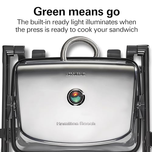 Hamilton Beach Panini Press Sandwich Maker & Electric Indoor Grill with Locking Lid, Opens Wide to Fit Any Thickness for Quesadillas, Burgers & More, Nonstick 8" x 10" Grids, Chrome (25460MNA)