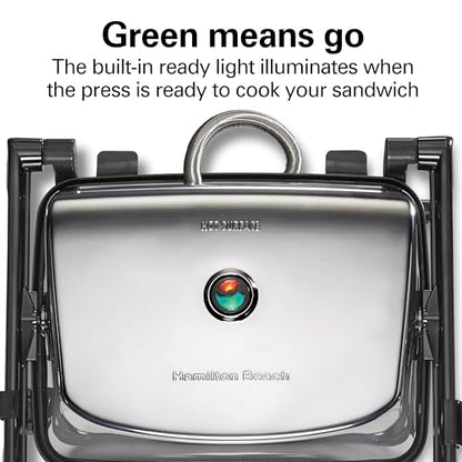 Hamilton Beach Panini Press Sandwich Maker & Electric Indoor Grill with Locking Lid, Opens Wide to Fit Any Thickness for Quesadillas, Burgers & More, Nonstick 8" x 10" Grids, Chrome (25460MNA)