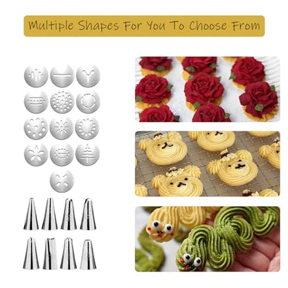 Stainless Steel Cookies Press,Cookie Press Gun Kit with 13 Cookie Discs and 8 Piping Tips, Gift for Women, Christmas Festival Biscuit Maker