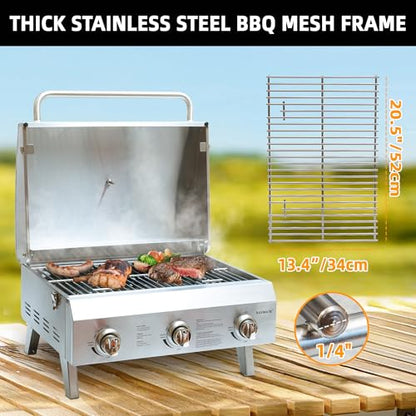 Tabletop Gas Grill 3-Burner, 22-inch Portable Propane Grill, 30,000 BTUs Stainless Steel Grill with Foldable Legs, Ideal for BBQ, Camping, Patio, Backyard, Tailgate, and Holiday Gatherings