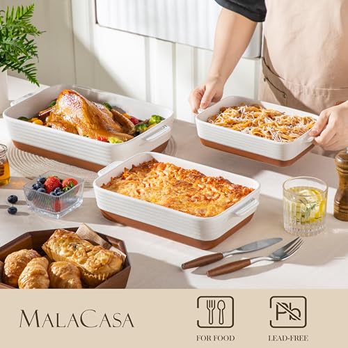 MALACASA Casserole Dishes for Oven, Ceramic Baking Dishes Set of 3, Baking Pan Casserole Dish Set, Rectangular Lasagna Pan Deep with Handles for Baking, Khaki White (14.5''/13''/10.5''), Series TARA