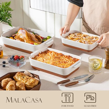 MALACASA Casserole Dishes for Oven, Ceramic Baking Dishes Set of 3, Baking Pan Casserole Dish Set, Rectangular Lasagna Pan Deep with Handles for Baking, Khaki White (14.5''/13''/10.5''), Series TARA
