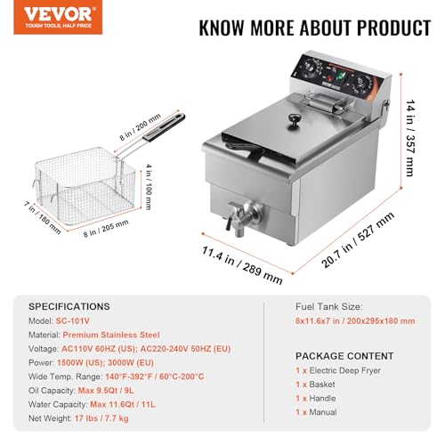 VEVOR Commercial Deep Fryer, 1500W Electric Countertop Fryer with Basket, 11.6Qt / 11L Stainless Steel Single Oil Fryer with Time & Temp Control, Overheat Protection, for Kitchen Restaurant Use