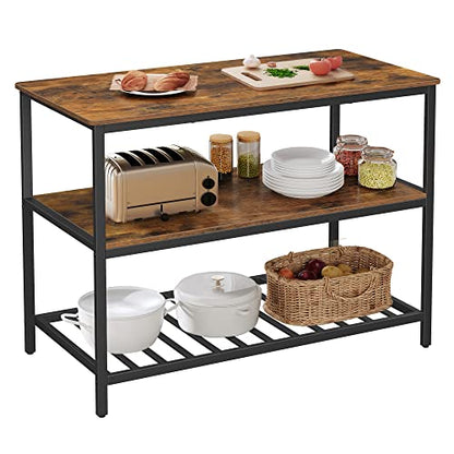 VASAGLE Kitchen Island with 3 Shelves, 47.2 Inches Width Kitchen Shelf with Large Worktop, Stable Steel Structure, Industrial, Easy to Assemble, Rustic Brown and Black UKKI01BX