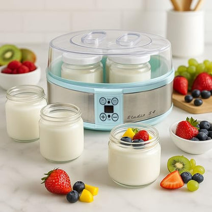 Studio 54 Yogurt Maker Machine with 7 Reusable Glass Jars (6oz Each), Probiotic Greek Yogurt Maker with Precise Time & Temperature Controls, Retro Blue Digital Yogurt Maker