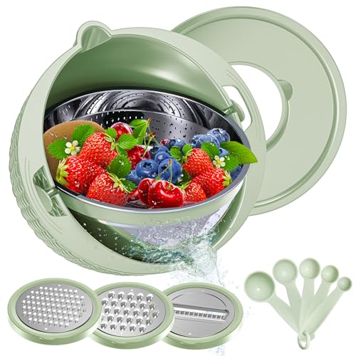 4-1 Strainer with Bowl & Spoons Set - Strainers and Colanders - Colanders for kitchen(Patented) - Pasta Strainer with Upgraded Graters & Spoons for Fruit Veggie Kitchen Essentials, Green