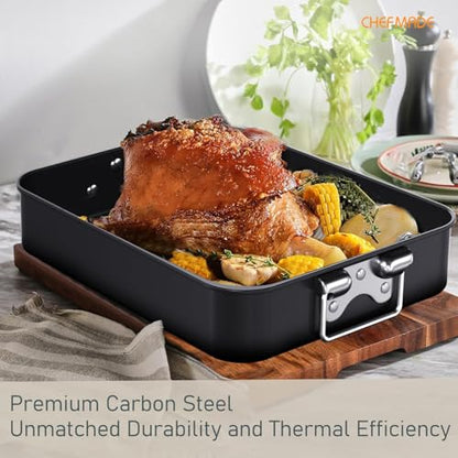 CHEFMADE Roasting Pan, 16-Inch Non-Stick Turkey Roaster Lasagna Pan with Rack - Rectangular Deep Dish Chicken Roaster Pan 16.3" x 12.52" x 3.11"(Black)