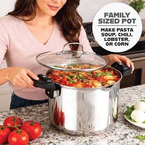 GOTHAM STEEL 8 Qt Nonstick Pasta Pot with Strainer Lid, Stainless Steel Stock Pot, Twist & Lock Handles, 2 Strainer Sizes, PFOA Free, for Soup & Spaghetti, Induction Ready, Oven & Dishwasher Safe