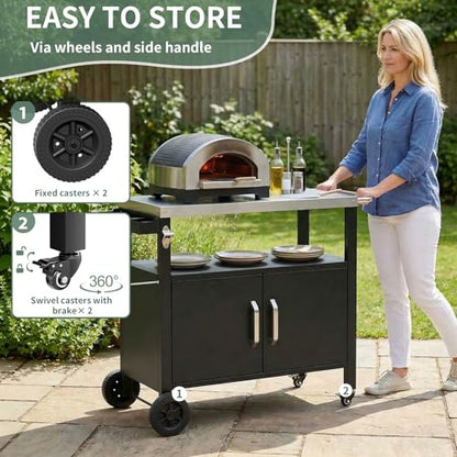 LIFERUN Outdoor Grill Cart with Stainless Steel Top, XL Outdoor Kitchen Island with Storage Cabinet, Prep Station with 2 Lockable Wheels and 4 Hooks for BBQ Food Prep & Outside Dining, 23" x 41"