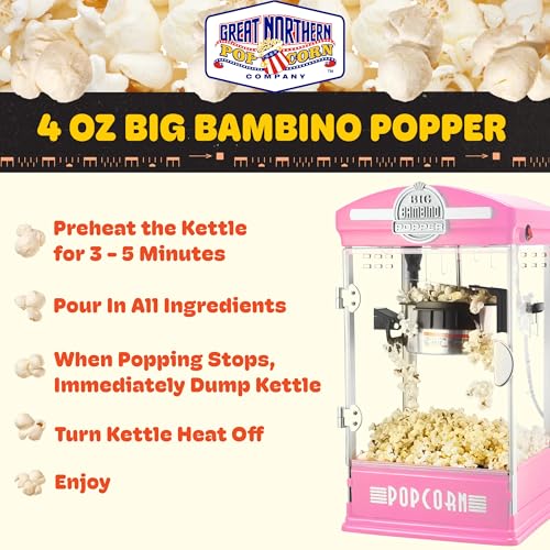 Big Bambino Popcorn Machine - Old-Fashioned Popcorn Maker with 4-Oz Kettle, Measuring Cups, Scoop, and Serving Cups by Great Northern Popcorn (Pink)