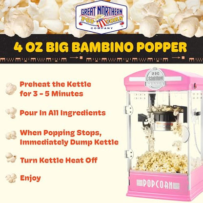 Big Bambino Popcorn Machine - Old-Fashioned Popcorn Maker with 4-Oz Kettle, Measuring Cups, Scoop, and Serving Cups by Great Northern Popcorn (Pink)