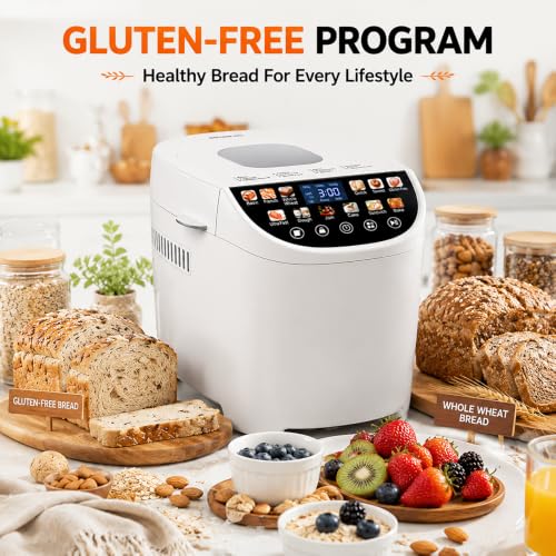 Smart Bread Maker, 2LB 12-IN-1 Automatic Bread Machine With Color Touchscreen, Gluten-Free Setting, Nonstick Pan, 2 Loaf Sizes, 13H Reserve & 1H Keep Warm (White)