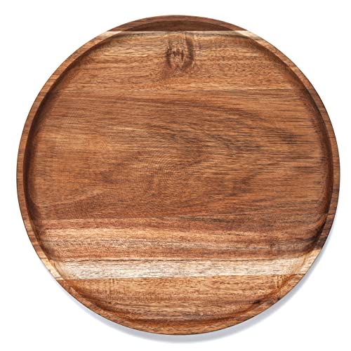 Round Wood Tray, Acacia Wooden Serving Tray, Serving Platter, Appetizer Charcuterie Board, Tray Organizer for Kitchen/Countertop, 13.8 x 13.8 x 0.8 inch