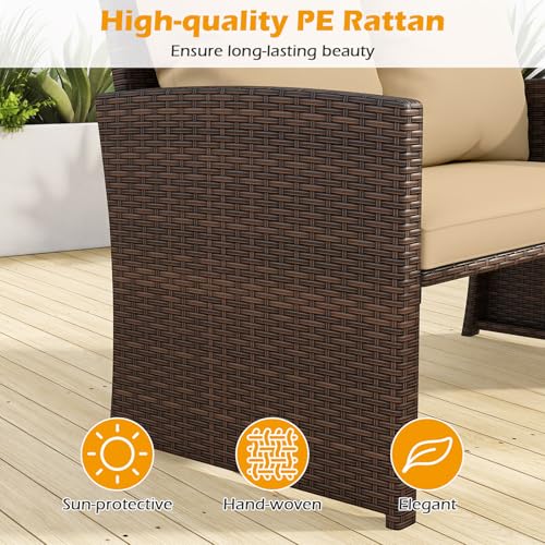 Tangkula Outdoor Loveseat with 2 Ottomans, 3 Pieces Patio PE Wicker Furniture Set with Cushions, Outside Rattan Conversation Set for Balcony, Garden and Backyard (Brown)