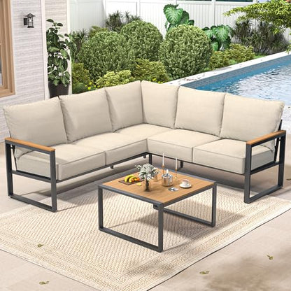 COMLAX FIELD Metal Patio Furniture Set, 6 Pieces Outdoor Sectional Sofa Set with Side Table, L Shape Patio Conversation Set with Faux-Wood Tabletop, Outdoor Couch for Balcony, Porch, Backyard,Beige