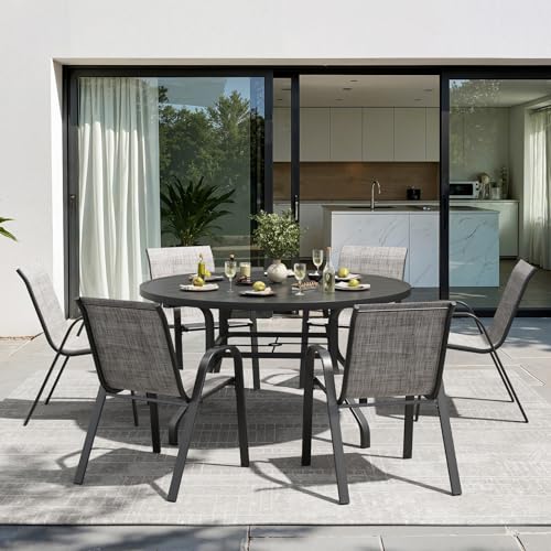 Soohow Outdoor Dining Set for 6, 7-piece Outdoor Patio Dining Set 6 x Stackable Patio Chairs & 1 x Round Table with Umbrella Hole, All-Weather Outside Table and Chairs for Backyard, Balcony, Porch