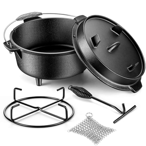 Joyfair Pre-seasoned Cast Iron Dutch Oven Set, Camp Dutch Pot & Griddle Skillet, 5QT Pot & 2QT Lid, Lid Lifter/Iron Stand/Cleaner, For Stewing, Baking, Sourdough Bread