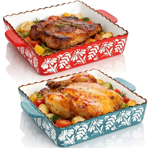Acshio 2 Pack Ceramic Baking Dish, 9 x 9 inch Porcelain Square Bakeware with Double Handle, Lasagna Pan Bakeware Baking Cookware for Cooking, Cakes, Roasting Family Dinner