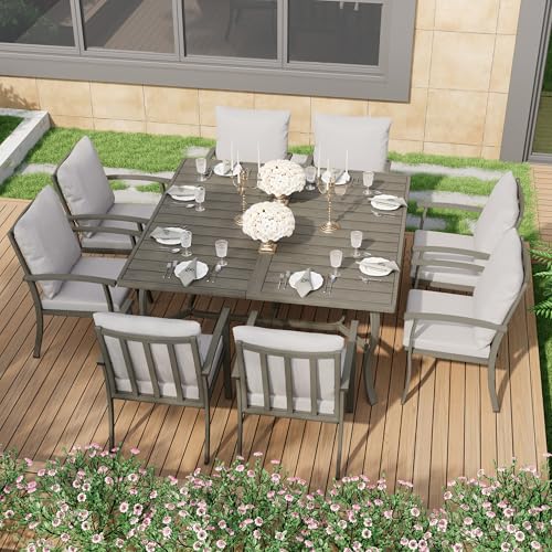 HAPPATIO 9 Piece Patio Dining Set, Aluminum Outdoor Dining Set for 8, 59" Large Square Dining Table with Umbrella Hole and 8 Chairs, Outdoor Table and Chairs for Lawn Yard Patio