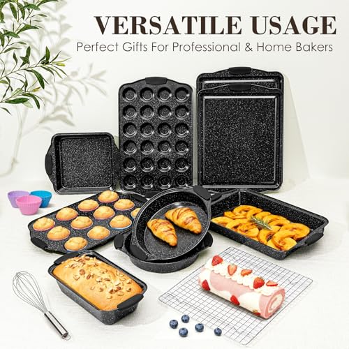 Baking Pans Set Nonstick, Bakeware Sets Stackable with Silicone Handles, AIVIKI 22 Pieces Oven Pan for Cooking Including Baking Cookie Sheet with Rack, Roast Pan, Cake Pan, Loaf Pan, Muffin Pan, Black