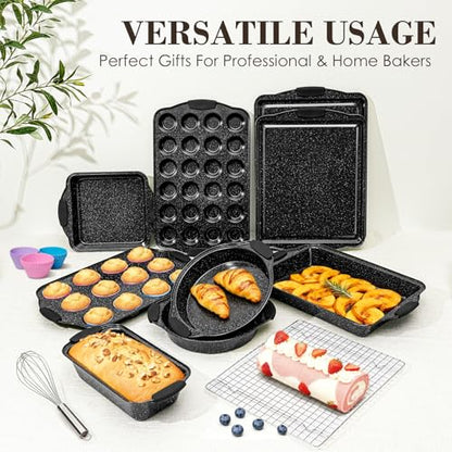 Baking Pans Set Nonstick, Bakeware Sets Stackable with Silicone Handles, AIVIKI 22 Pieces Oven Pan for Cooking Including Baking Cookie Sheet with Rack, Roast Pan, Cake Pan, Loaf Pan, Muffin Pan, Black