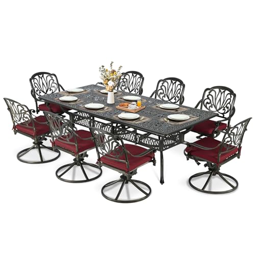 MEETWARM 9-Piece Outdoor Patio Dining Set for 8, All Weather Cast Aluminum Patio Funiture Table and Chairs Set- 94.5” Rectangular Table and 8 Cushioned Swivel Rocker Chairs, Umbrella Hole, Chili Red