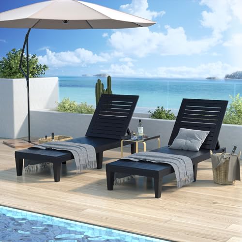 Hoiplu Outdoor Lounge Chairs Set of 2 for Poolside Patio, Weather-Resistant Pool Chaise Lounge with Adjustable Backrest, Resin Tanning Chair Sun Lounger for Outside Deck, Beach, Sunbathing, Black