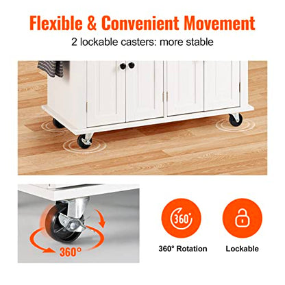 VEVOR Kitchen Island Cart with Solid Wood Top, 35.4" Width Mobile Carts with Storage Cabinet, Rolling Kitchen Table with Spice Rack, Towel Rack, and Drawer, Portable Islands on Wheels, White