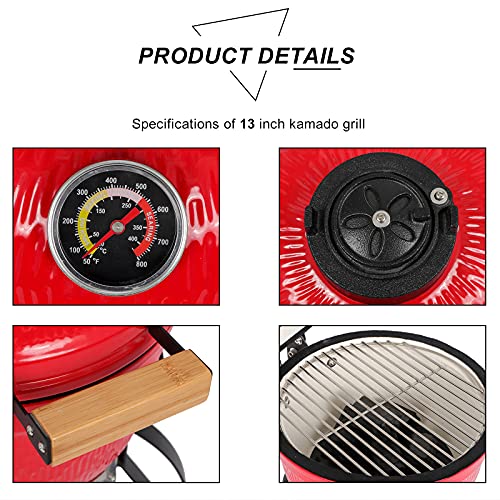 VINGLI 13" Kamado Grill Charcoal Grills Portable Barbecue Grill BBQ Kettle Stand Lid Perfect for Outdoor Camping Patio Backyard Picnic