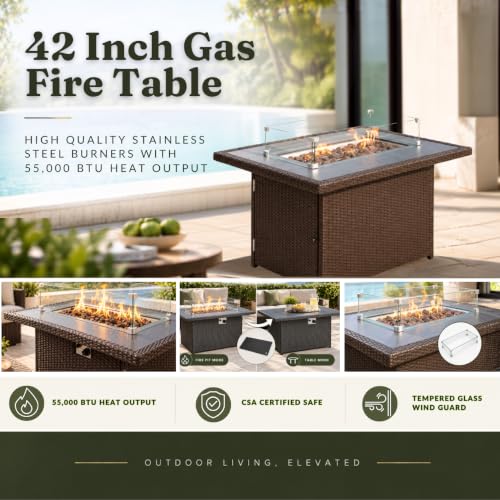 Fully Assembled Sunbrella Taupe Sectional 11 Piece Ohana Outdoor Patio Furniture Black Wicker Conversation Oversize Set with 42-inch Propane Gas Fire Table