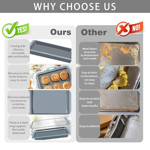 To encounter Silicone Baking Pans Set, 4 Pieces Nonstick Bakeware Set with Baking Pans, Baking Sheets, Cookie Sheets, Cake Pan with Metal Reinforced Frame More Strength, Light Grey
